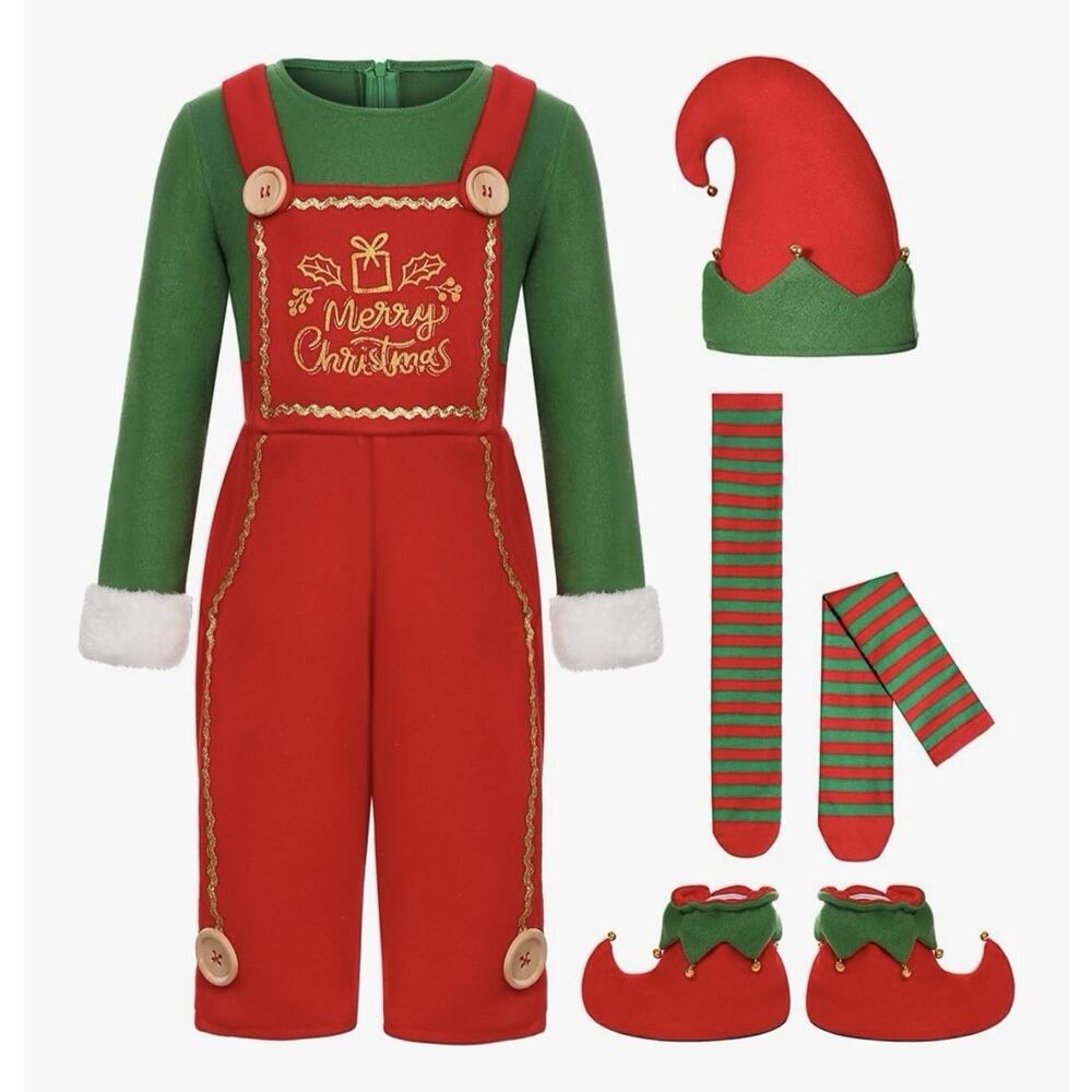 Kids Christmas Elf Costume Set 7-8 Years Red Green Hat Shoes Socks - Picture 6 of 9